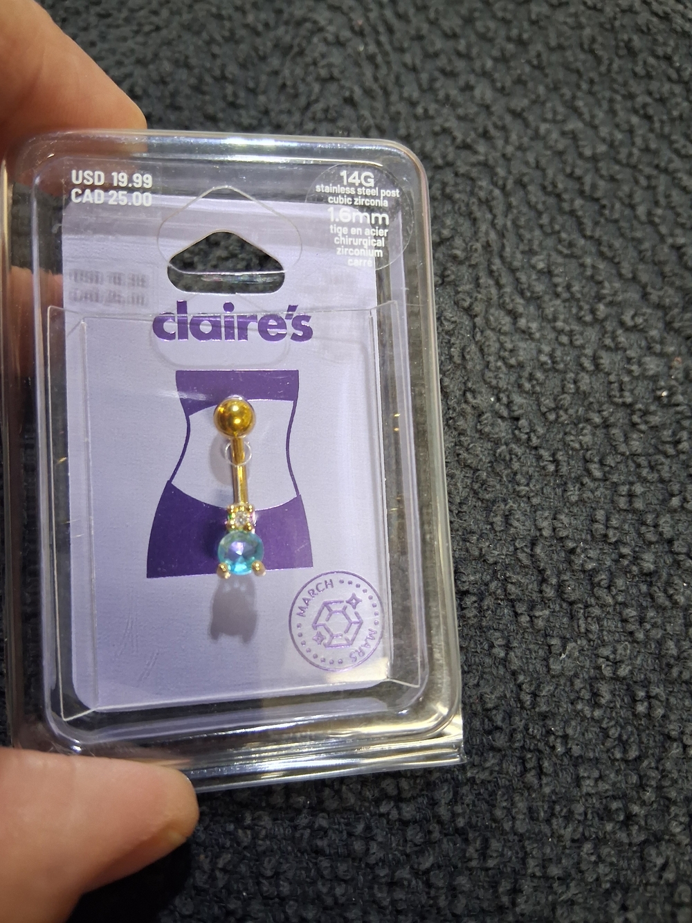 Claire's Gold Toned Stainless Steel Belly Button Ring March Birthstone